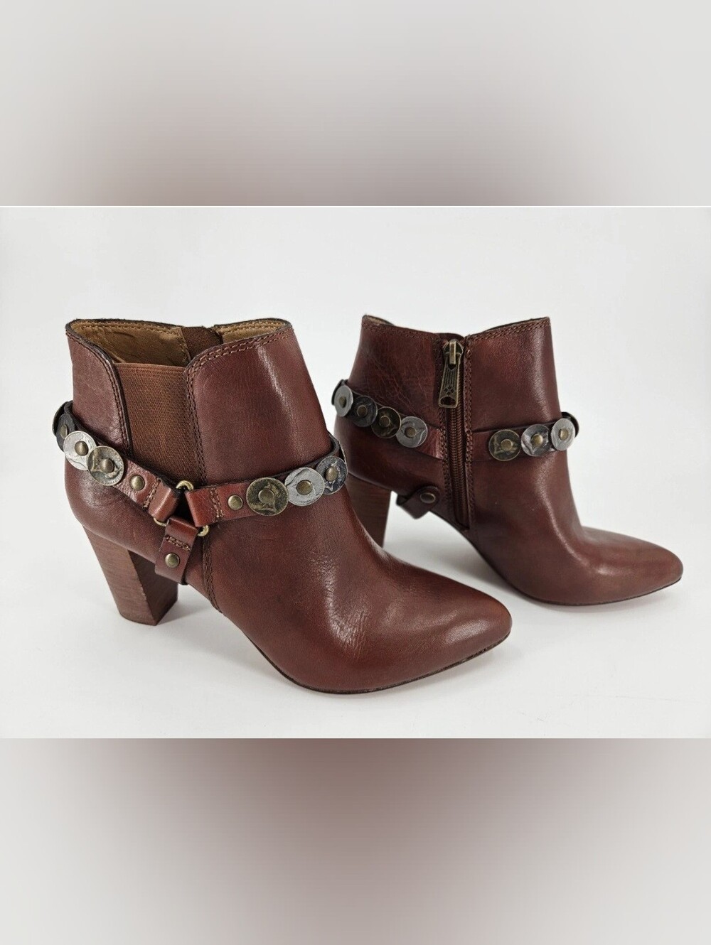 Patricia Nash BROWN Renata Coin Harness LEATHER Western ANKLE Boots BOOTIES 7.5